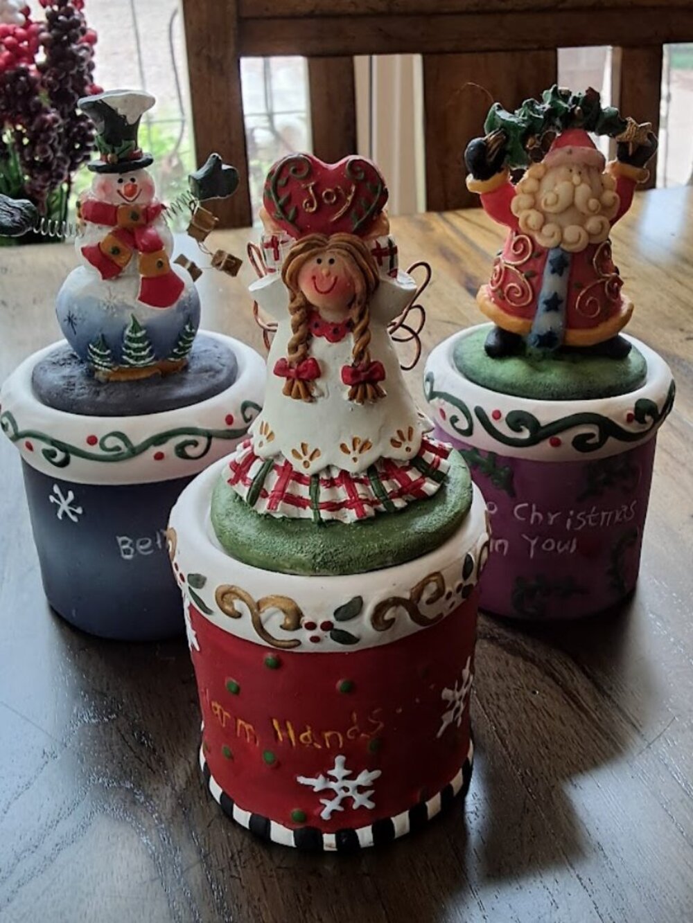 Three Festive Christmas Candle Holders with Toppers; Angel/Santa/Snowman